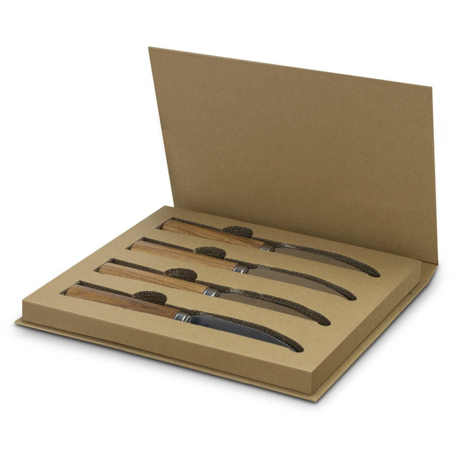 A steak knife set featuring four knives with wooden handles, presented in a kraft box.