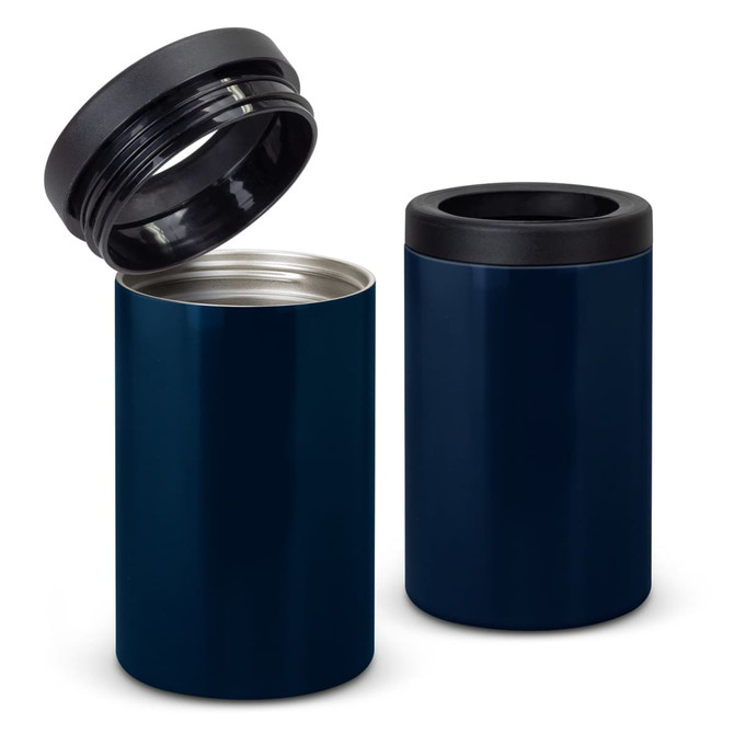 A drink bottle cooler in navy blue with a removable black lid and a shiny stainless steel interior.