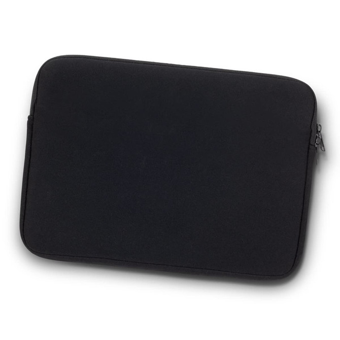 A black laptop sleeve with a zip closure and a simple, sleek design. Features a logo on the front.