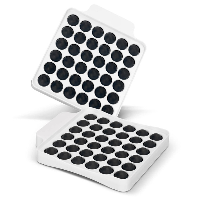 A square fidget popper board featuring multiple black popping bubbles on a white background. Has a small logo.