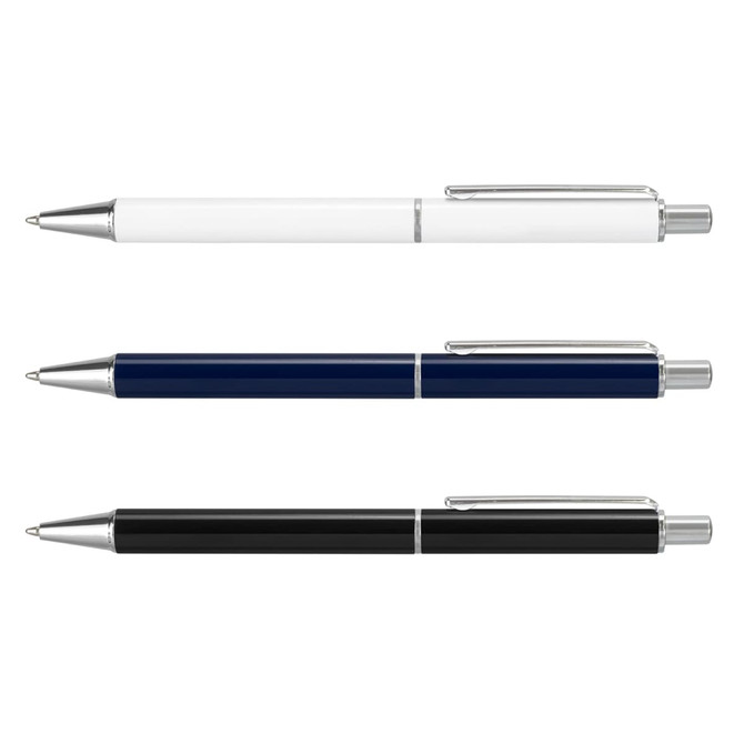 A set of three metal pens in white, navy blue, and black, featuring chrome accents and a branding logo.