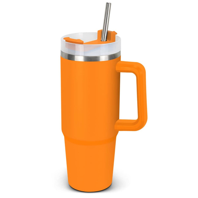 An orange drink bottle with a stainless steel lid and a straw, featuring a handle and a logo.