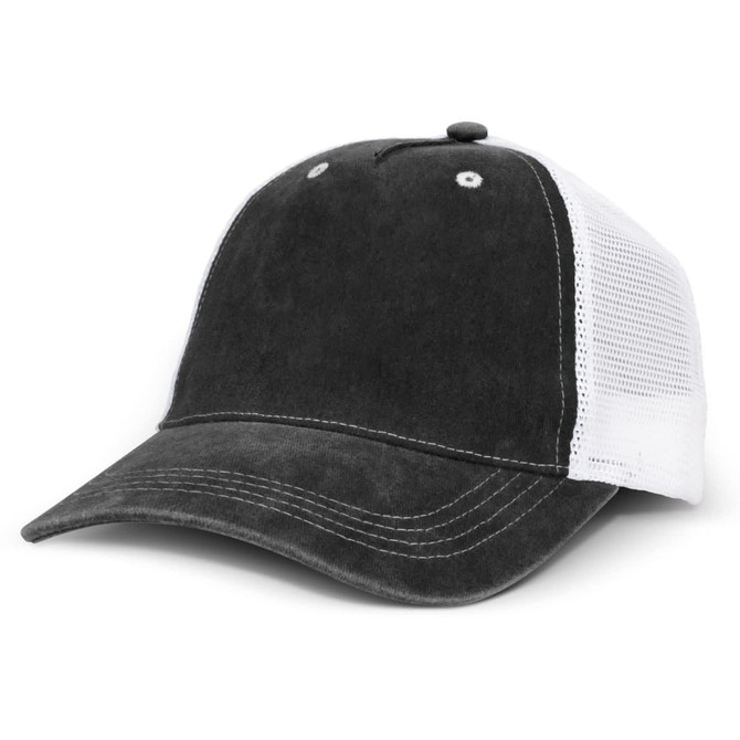 A black faded trucker cap with a white mesh back and contrasting stitching, featuring a logo on the front.