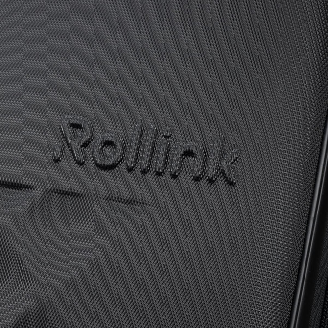 A suitcase with a textured black surface featuring a logo. The design is sleek and modern.