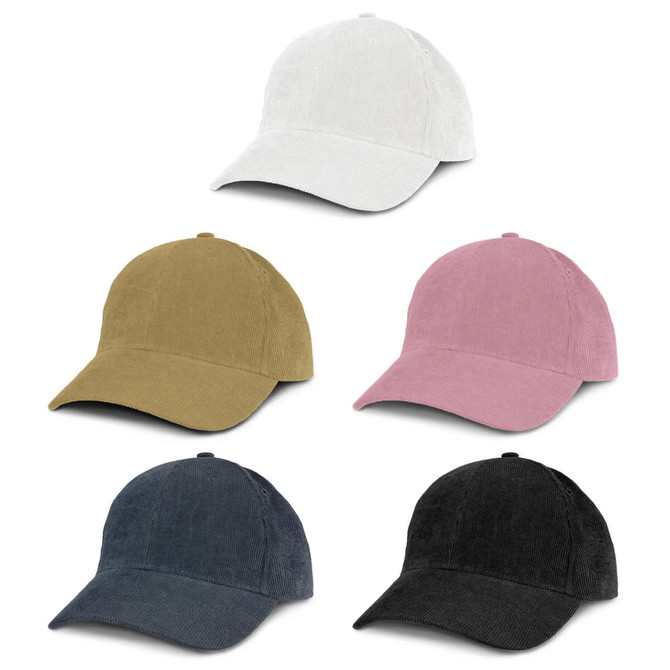A collection of five corduroy caps in white, olive green, pink, navy, and black, each with a logo.