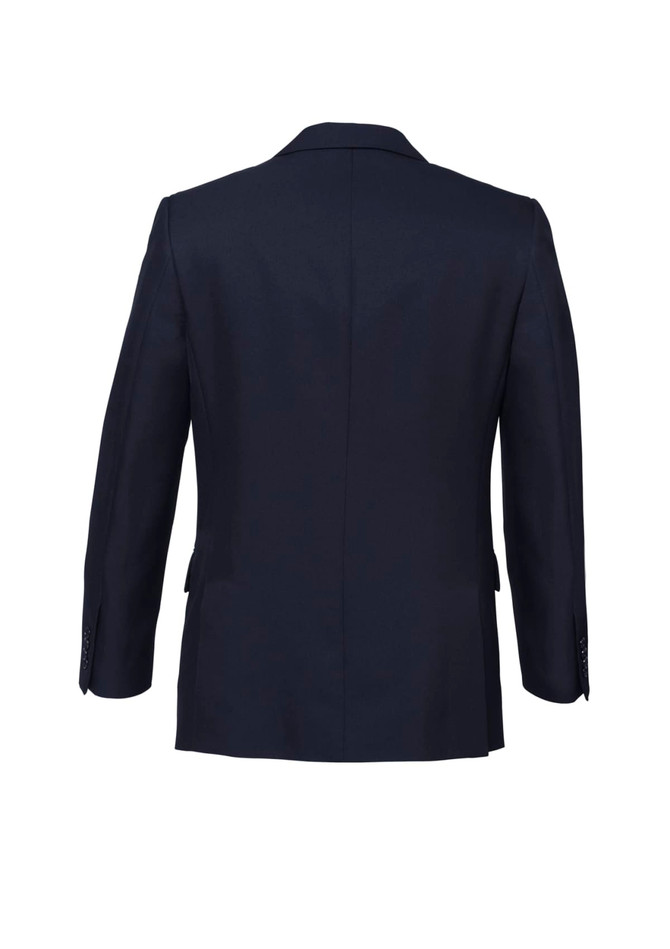 A navy blue men's blazer featuring a classic two-button design and a tailored fit. Includes a logo.