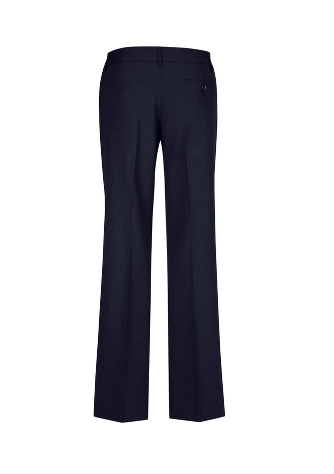 Dark navy women's classic pants with a straight leg design and a back pocket. Features a logo on the waistband.