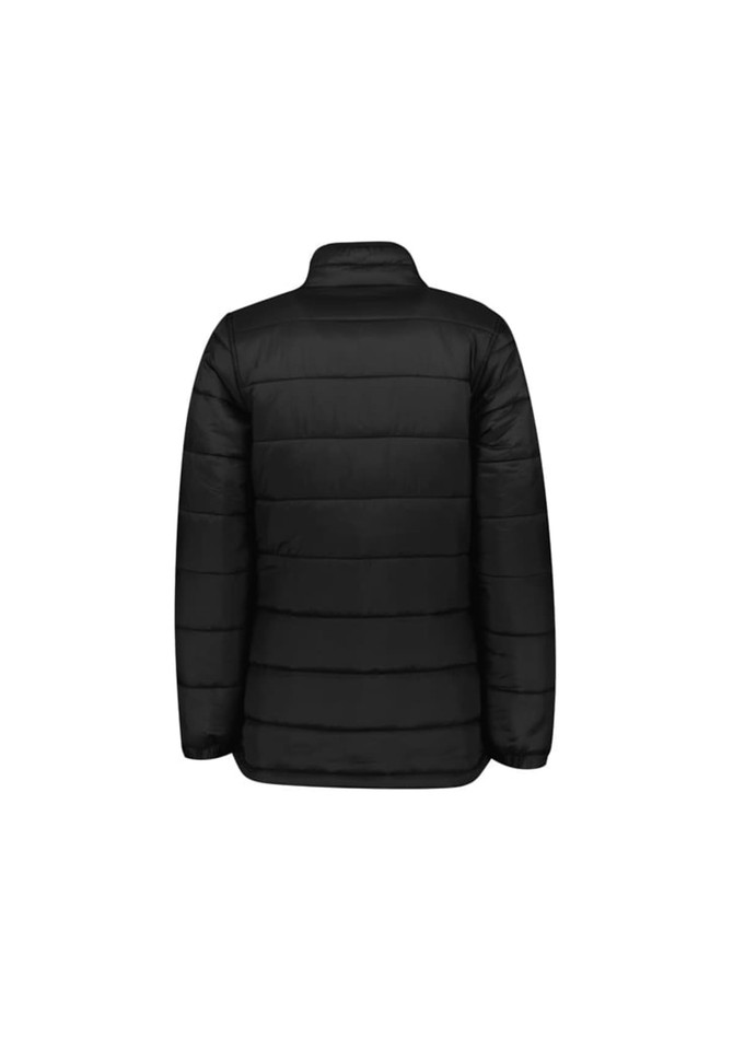 A black puffer jacket with a high collar and horizontal stitching, featuring a logo on the back.
