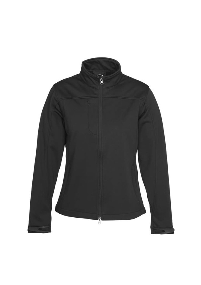 A women's softshell jacket in black featuring a zip front and high collar, with a pocket on the chest and no visible branding.