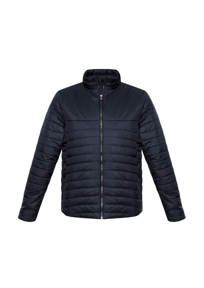 A men's puffer jacket in black with a zip front and a high collar. It has a branded logo on it.