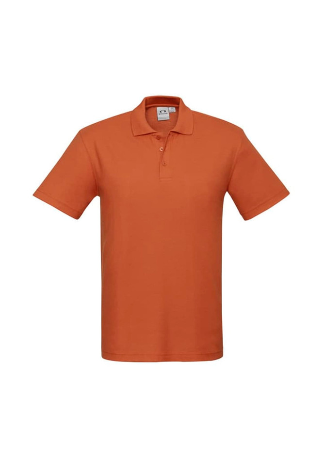 An orange men's polo shirt featuring a collar and three buttons, with a logo on the chest.