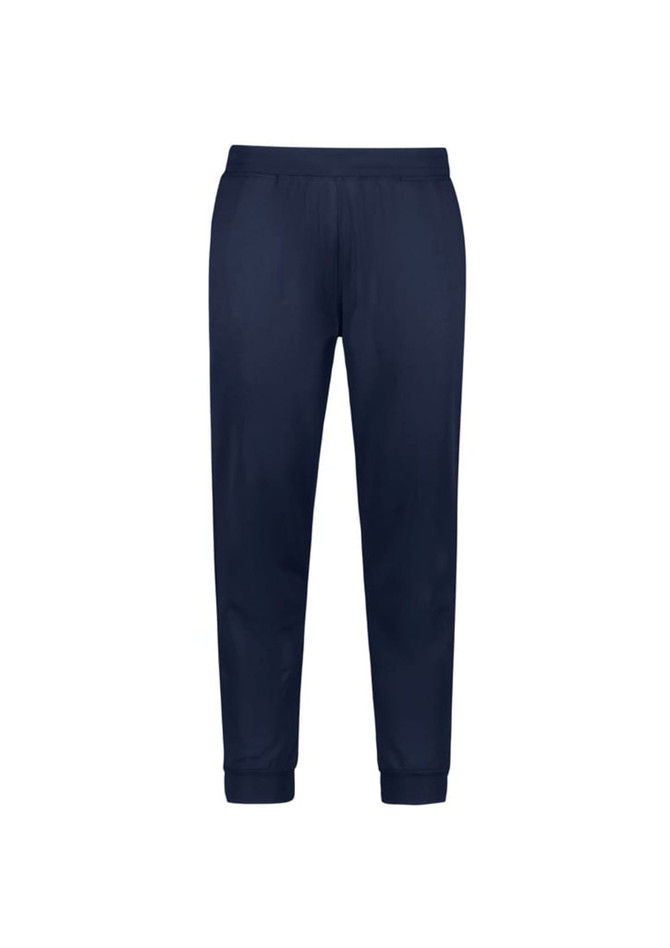 Navy track pants with a tapered fit and elastic waistband, featuring a logo on the design.