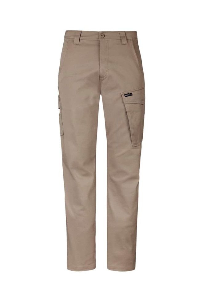 A pair of khaki men's cargo pants featuring multiple pockets and a logo.