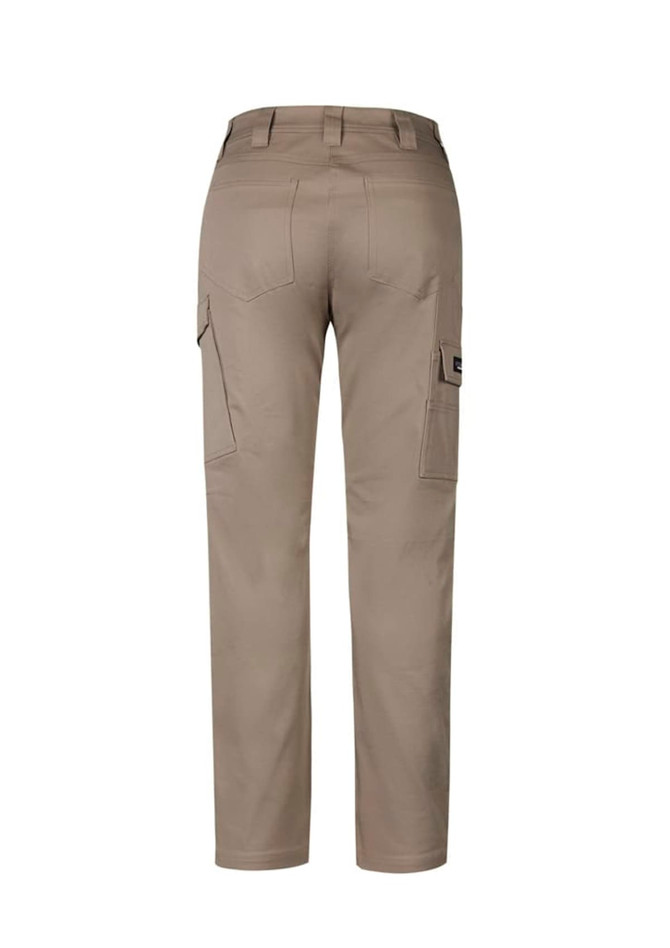 A pair of women's cargo pants in a khaki colour, showcasing back pockets and a logo.