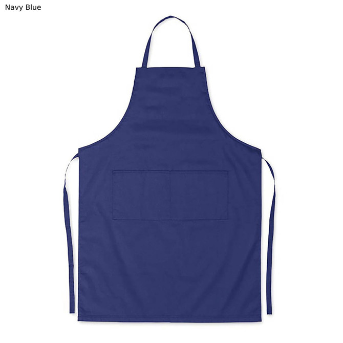 A navy blue cotton apron featuring a front pocket and ties at the neck and waist, with a logo.