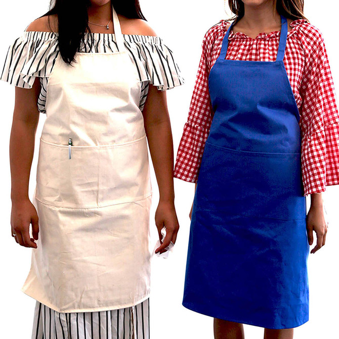 Two cotton aprons are displayed: one in cream and one in blue, worn by models showcasing the designs.