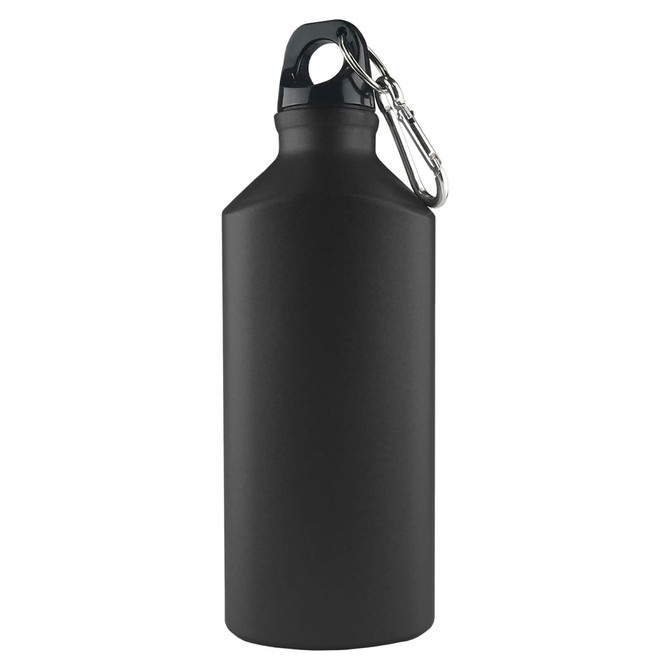 A drink bottle in matte black with a carabiner attached for easy carrying. Features a simple design with a logo.