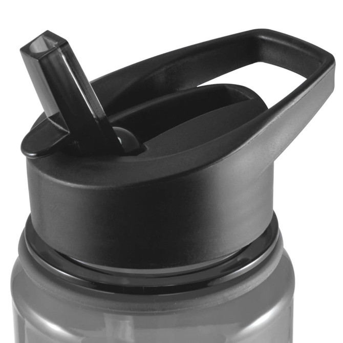 A drink bottle featuring a black, spill-proof lid and a drinking straw, with a transparent body.