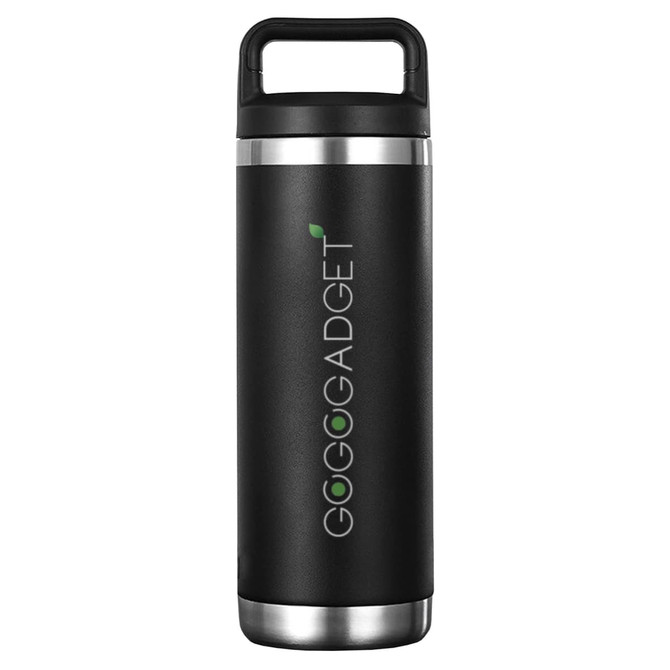 A drink bottle in sleek black with a stainless steel base and a handle, featuring a logo.