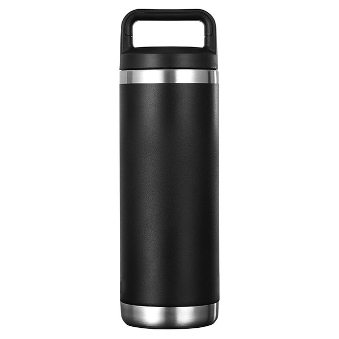 A drink bottle in black with a stainless steel base and a handle, featuring a simple design and a logo.