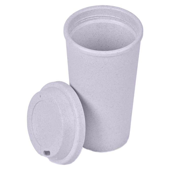 A reusable coffee cup in light grey with a matching lid, featuring a logo. Ideal for eco-friendly beverages.