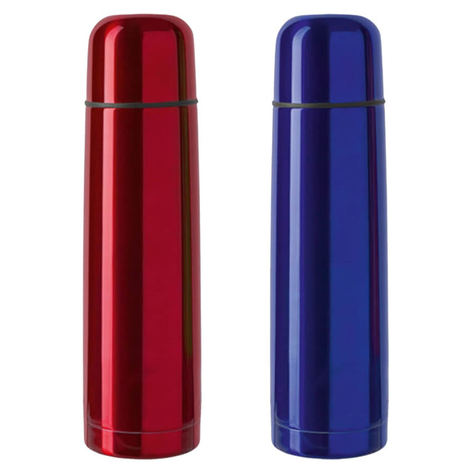 A drink bottle set featuring a red and a blue stainless steel thermos, both with a sleek design and a logo.