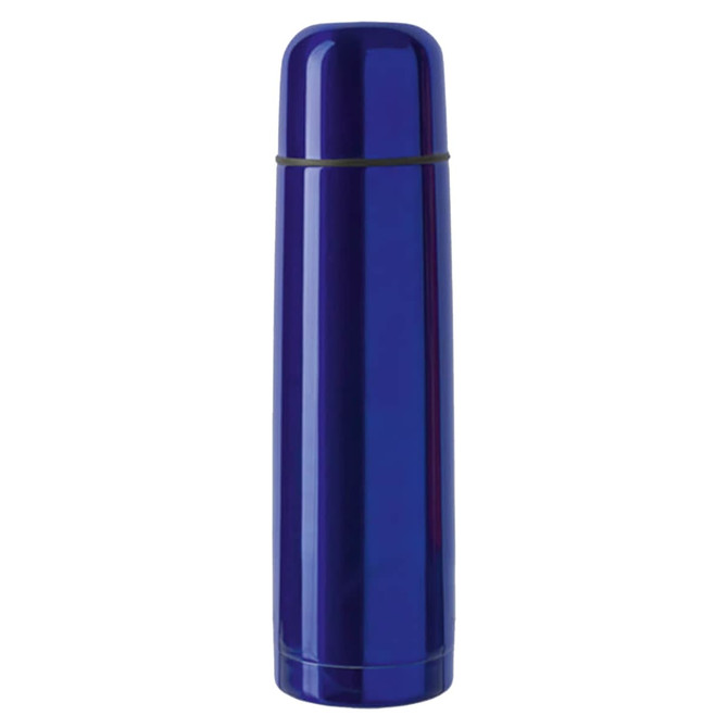 A drink bottle in a glossy blue finish, resembling a tall, cylindrical thermos with a sleek design and a logo.
