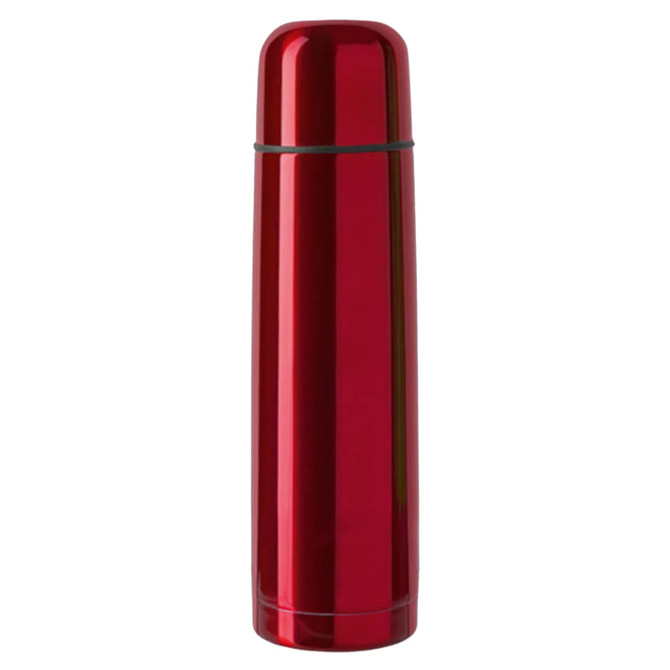 A drink bottle with a sleek, shiny red finish, featuring a simple design and a logo.