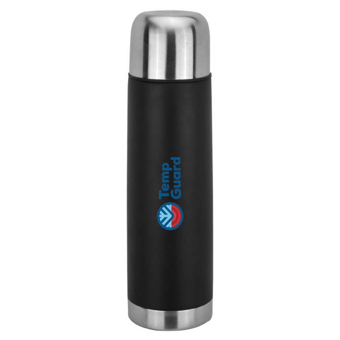 A drink bottle in black with a stainless steel top and a logo. It is designed for keeping beverages hot or cold.