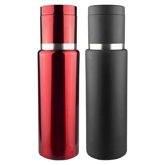 A drink bottle featuring a shiny red and a matte black design, each with a silver band and a logo.