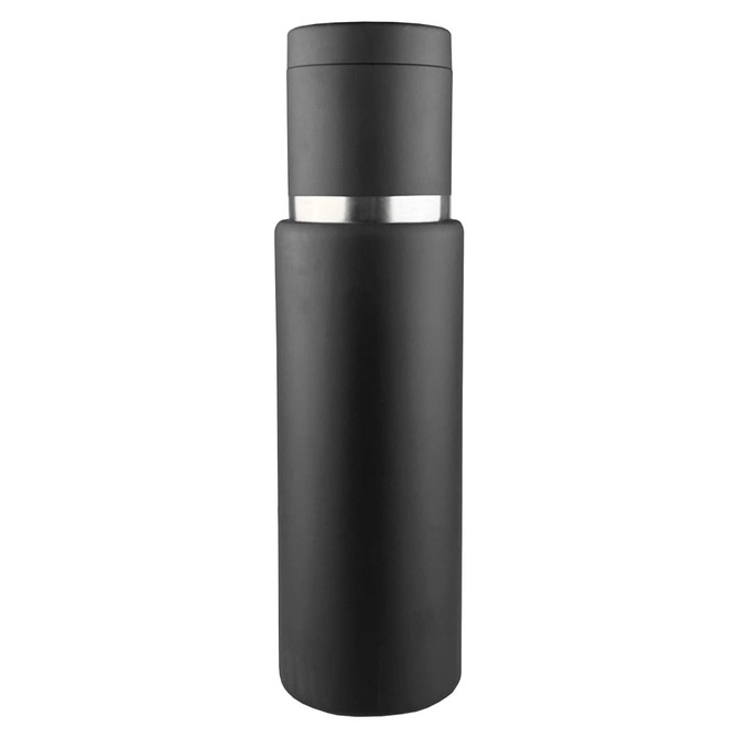 A drink bottle with a sleek black design and a silver band. It features a logo and has a smooth finish.