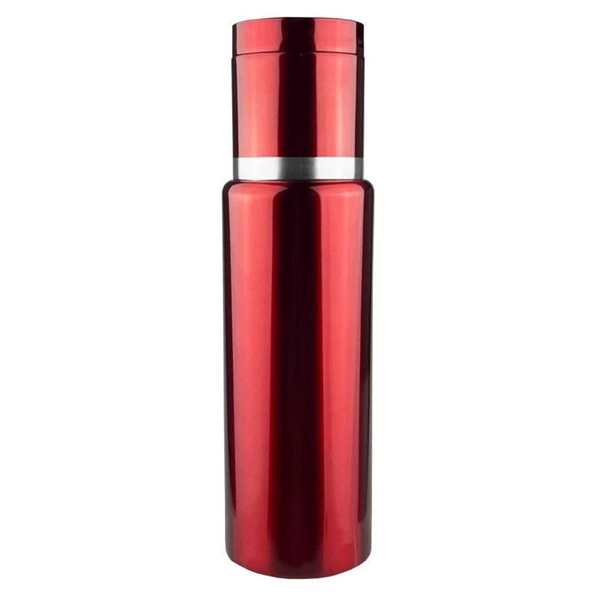 A drink bottle in shiny red with a silver band, designed as a stylish flask. It features a logo on the body.