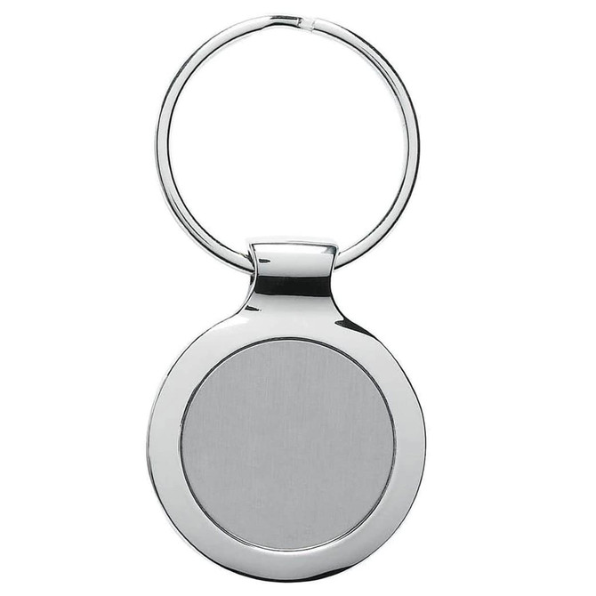 A silver circular key ring with a polished finish and a simple design, featuring a blank surface.