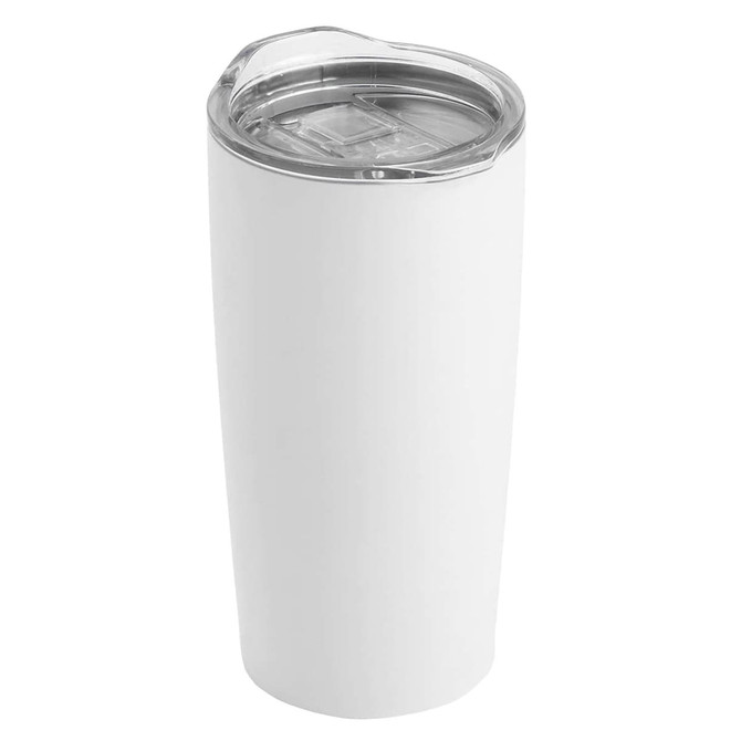 A travel mug in white with a transparent lid and a sleek, cylindrical design. It features a logo on the side.
