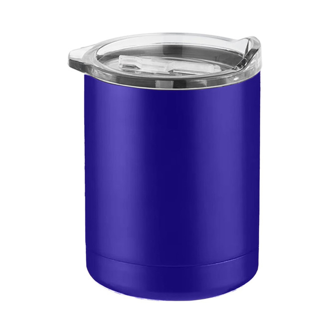 A blue coffee mug with a clear lid, featuring a sleek, modern design and a branding logo.