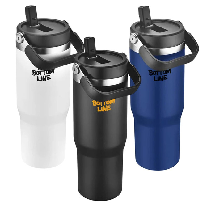 Three travel mugs in white, black, and blue, featuring a handle and a lid. Each mug has a logo.