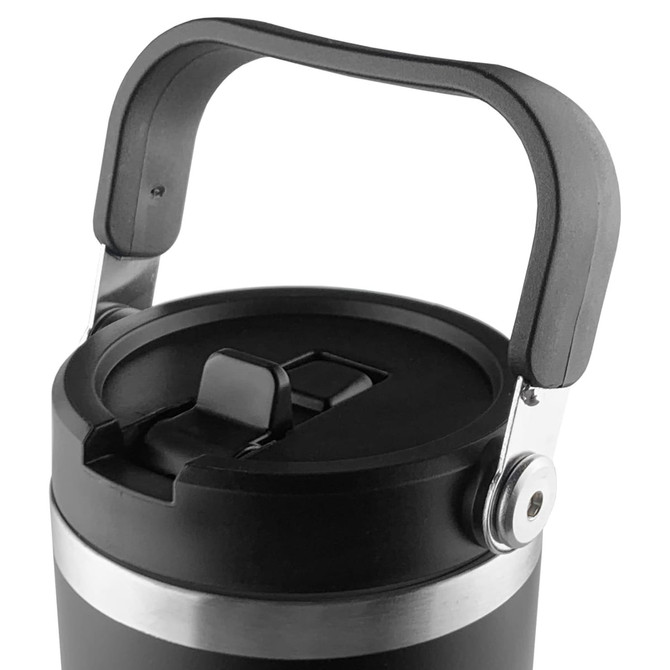 A travel mug with a black body, silver band, and a sturdy handle. It features a secure lid and a branding logo.