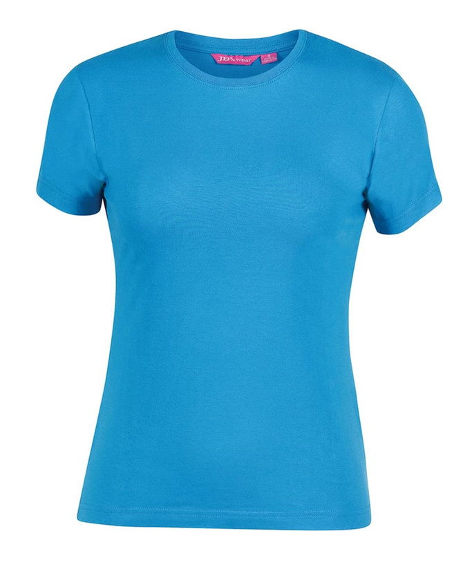 A blue women's t-shirt featuring a classic design and a branding logo on the label.