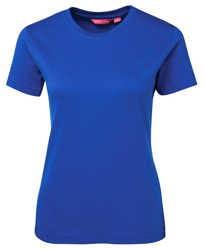A blue ladies tee with a crew neck and short sleeves, featuring a logo. Suitable for casual wear.