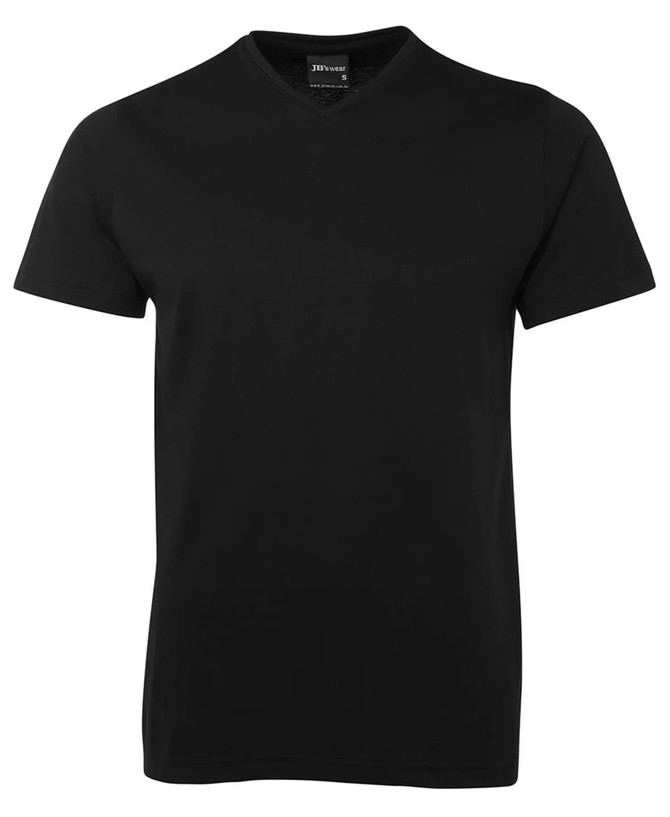 A black V-neck T-shirt featuring short sleeves and a subtle label logo.