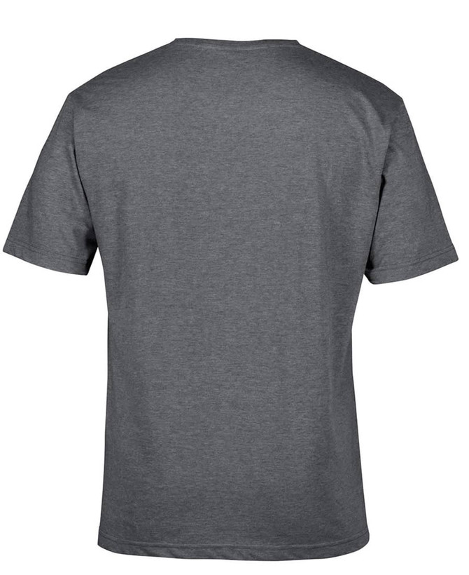A grey V-neck t-shirt with short sleeves, featuring a plain back design and a logo.