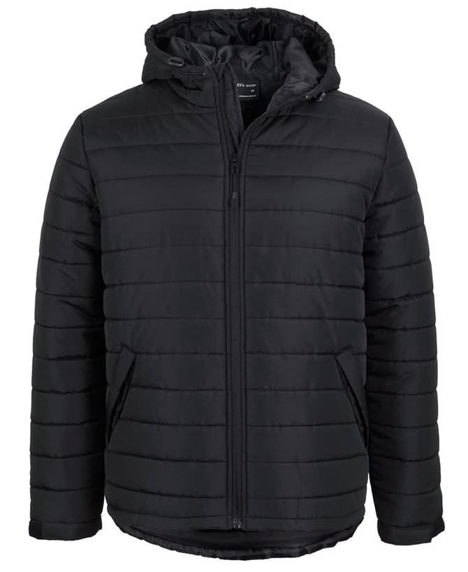 A black hooded puffer jacket featuring a front zip and a logo on the chest area.