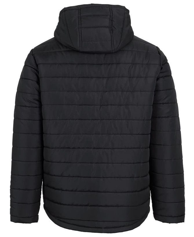 A hooded puffer jacket in black, featuring a quilted design and a prominent hood at the back.