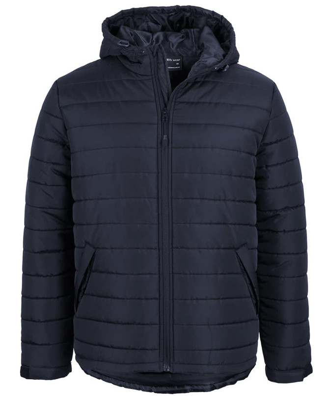 A navy hooded puffer jacket with a zip front and horizontal quilting, featuring a logo on the inside.