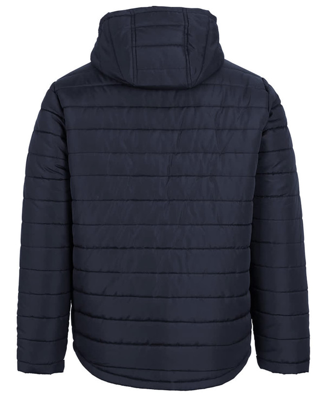 A dark navy hooded puffer jacket featuring a stitched panel design and a hood. It has a branding logo on the back.