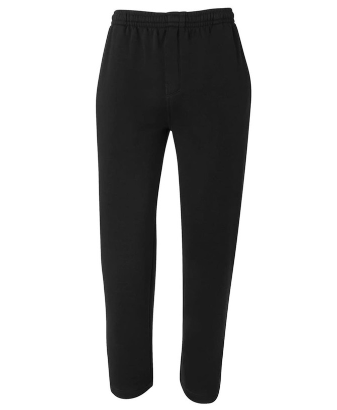 A pair of black fleecy sweat pants with an elastic waistband and a logo.