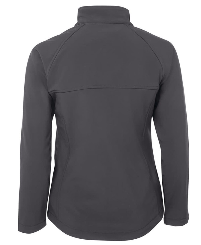 A grey softshell jacket with a high collar and a seamless back design. Features a logo on the back.