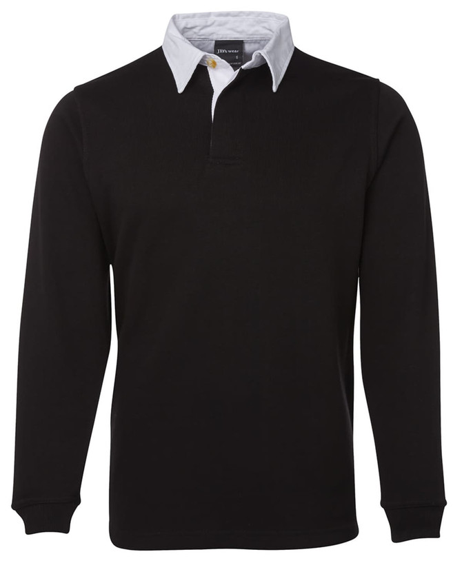 A black long-sleeve polo shirt with a white collar and a logo on the chest.
