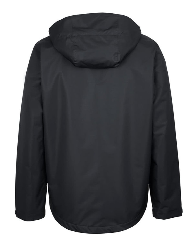 A black rain jacket with a hood, featuring a simple design and a logo on the back.