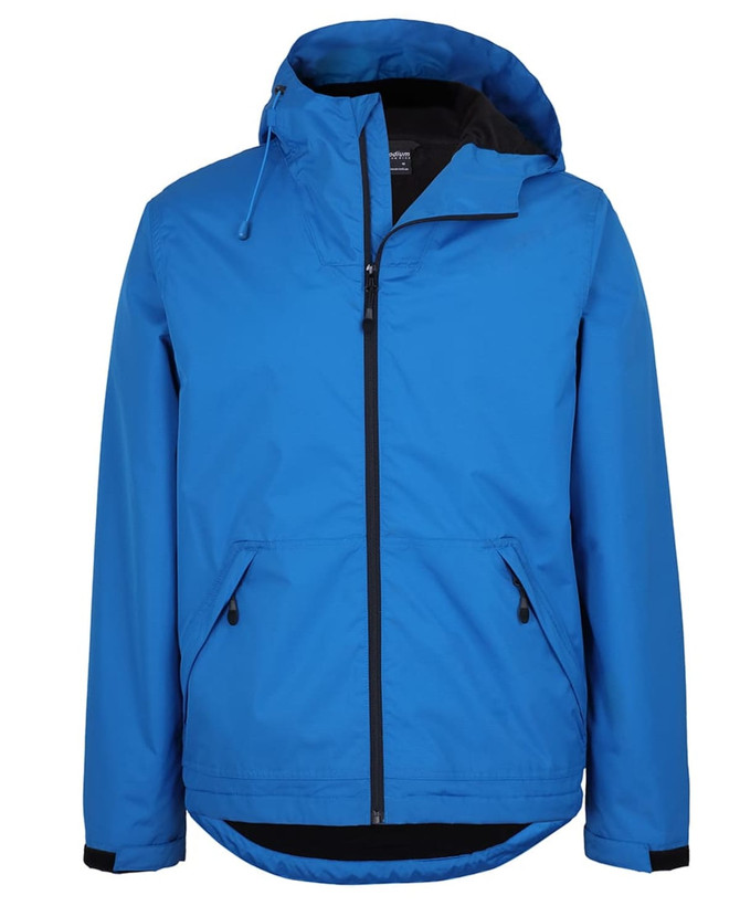 A blue rain jacket featuring a hood, zip closure, and adjustable drawstrings. It has pockets and a logo.